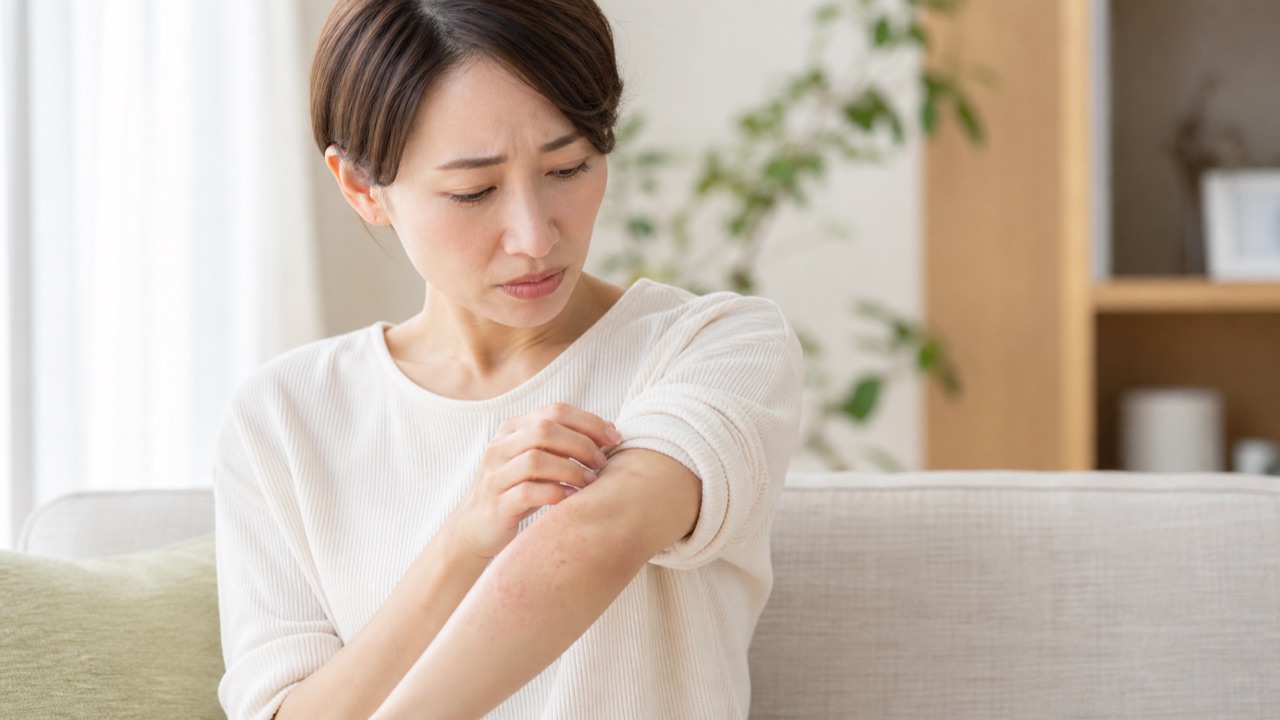 腕の蕁麻疹とかゆみを心配して確認する患者のイメージ