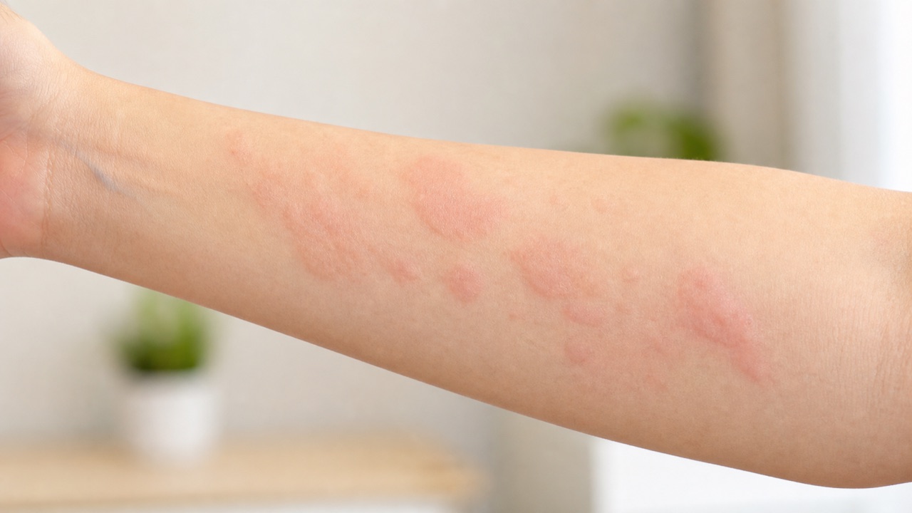 腕に軽い蕁麻疹の膨らんだ赤みが出ている皮膚症状を示す説明イメージ