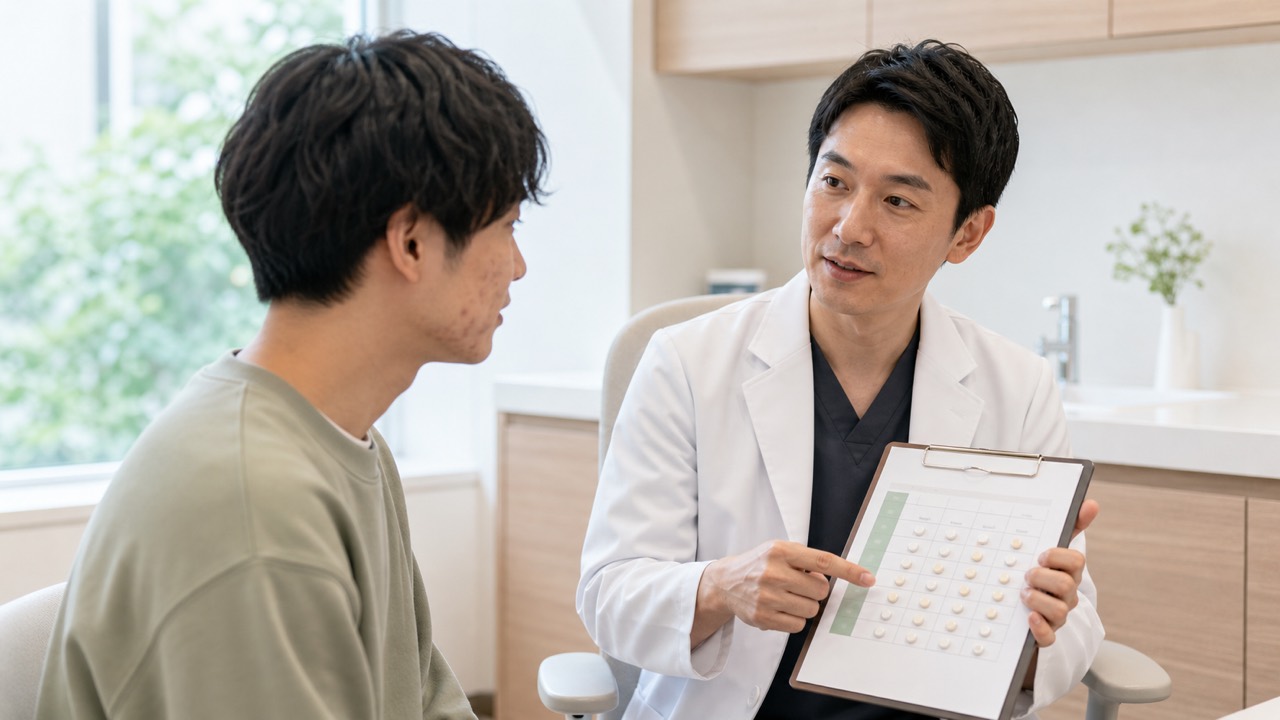 炎症性ニキビの患者が皮膚科医から内服抗菌薬の説明を受ける場面