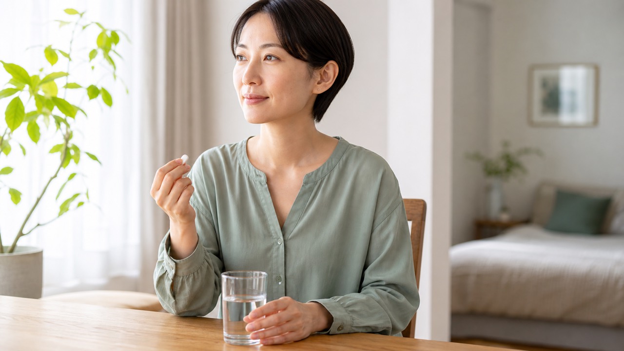 椅子に座った成人が錠剤をコップ一杯の水で服用しようとしている場面