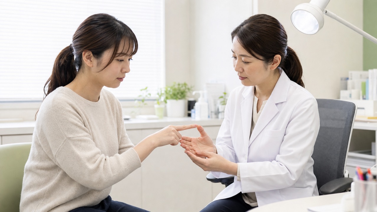 指のイボの経過と治療について皮膚科医へ相談する成人女性