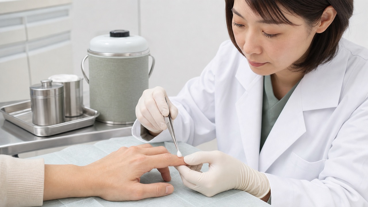 皮膚科医が綿棒で指のイボへ液体窒素凍結療法を行う診察場面