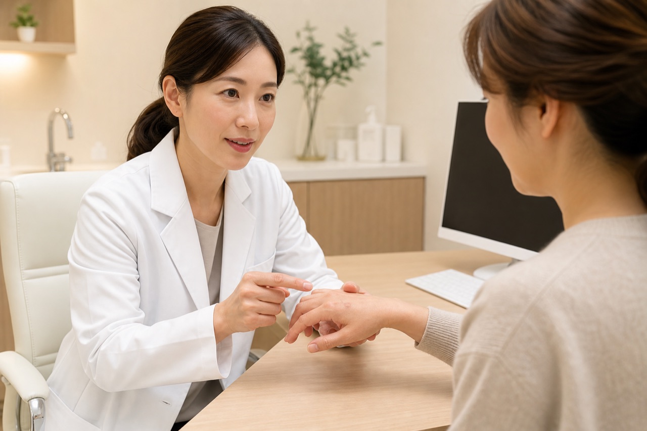 皮膚科医が手指のいぼを確認し治療方針を説明する診察イメージ