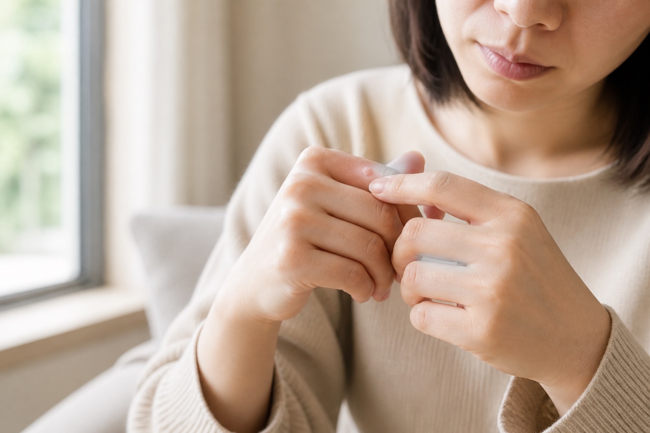 手指の小さないぼが気になり皮膚科受診を考える患者のイメージ