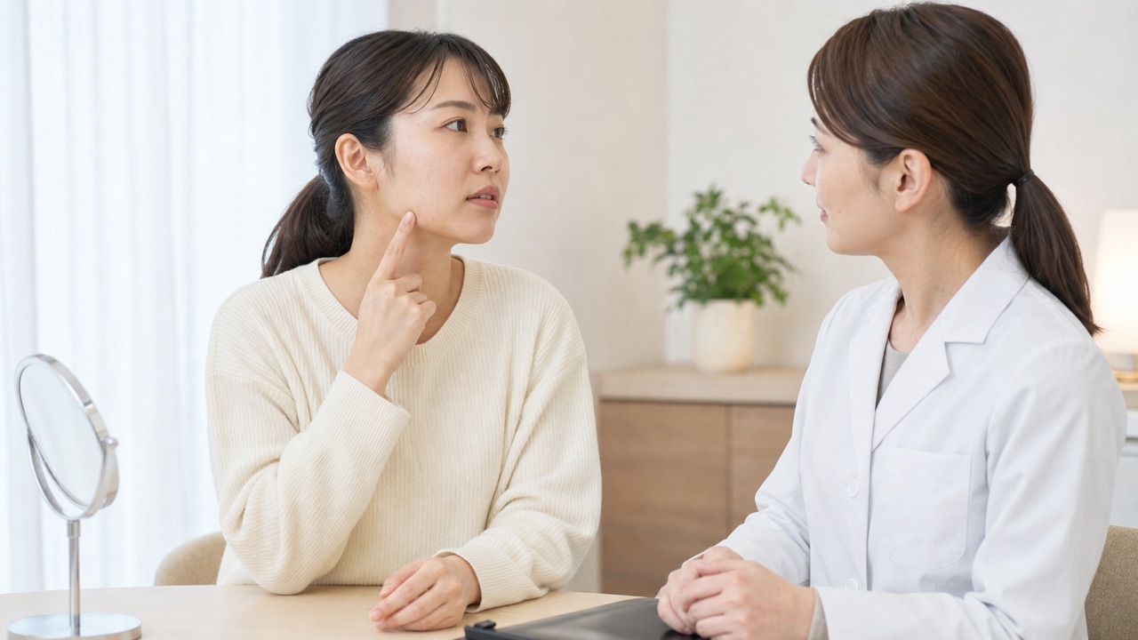 30代ニキビを皮膚科で相談する場面 30代で繰り返す顎ニキビを皮膚科医へ相談する成人女性