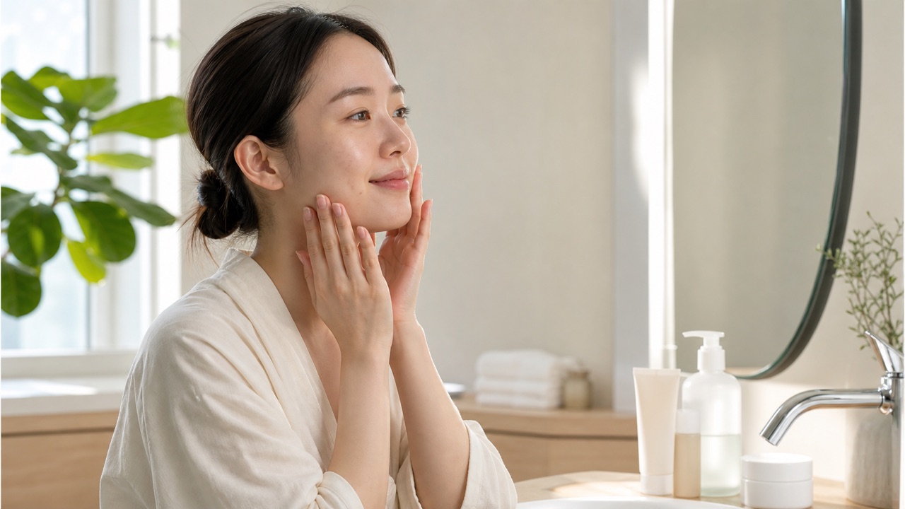 30代ニキビの低刺激スキンケア 30代のニキビで低刺激洗顔・保湿・紫外線対策を続ける女性