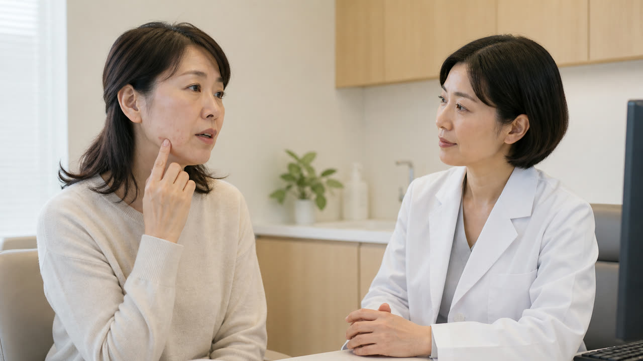 40代の顎ニキビについて女性皮膚科医へ相談する患者