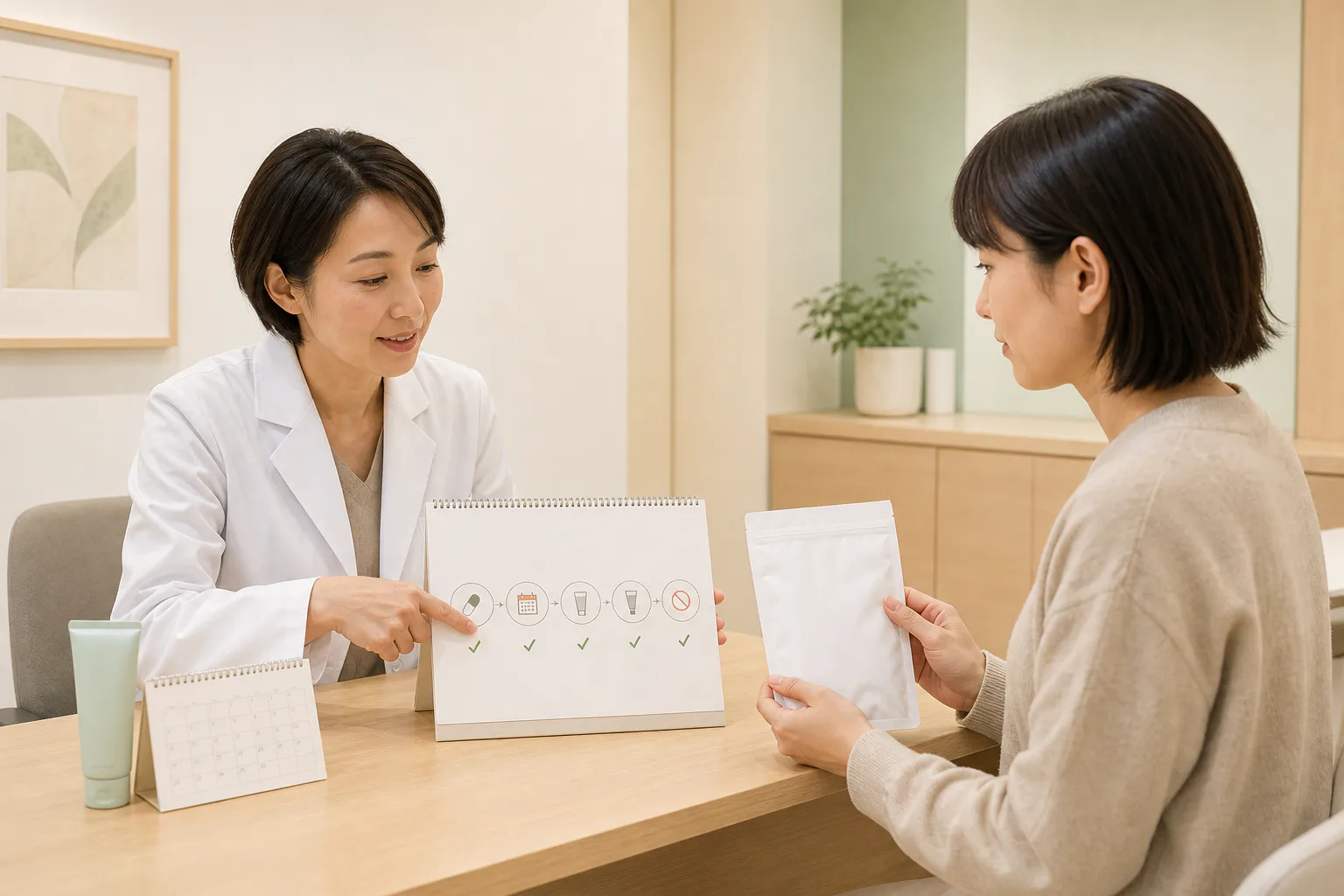 皮膚科医と患者がニキビの抗菌薬の使い方と再診予定を確認するイメージ
