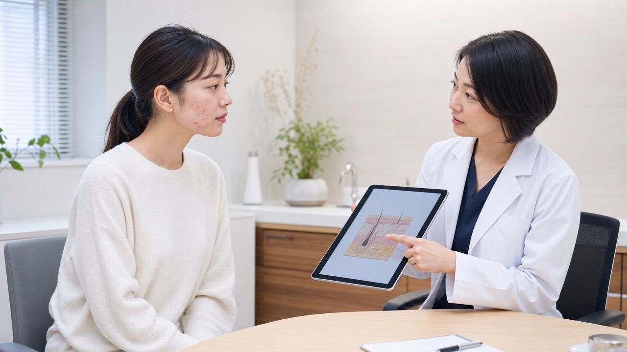 炎症性ニキビと抗菌薬を皮膚科で相談するイメージ 顎から頬の炎症性ニキビについて皮膚科医へ相談する成人女性