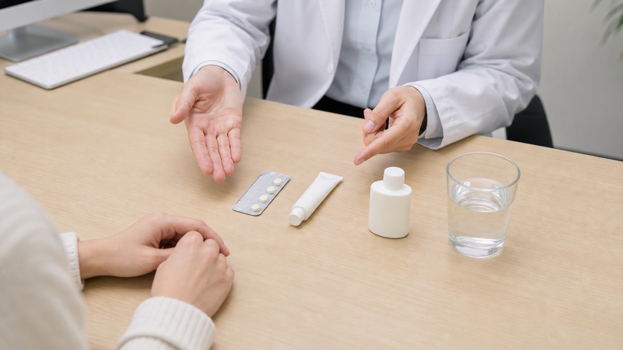 ニキビの内服薬・外用薬を診察で確認するイメージ 皮膚科医が無地の内服薬と外用薬を患者へ説明する診察場面