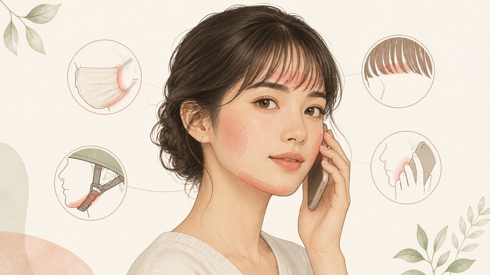 マスク・前髪・ヘルメットのあご紐・スマートフォンが触れる部位を示す教育用イラスト