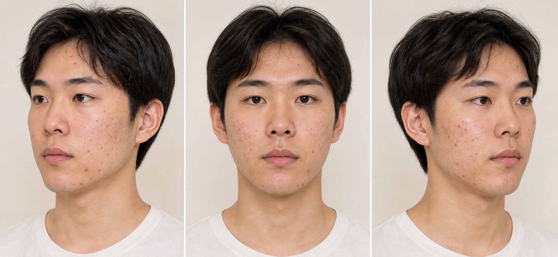 ニキビの状態を正面と左右の3方向から同じ条件で記録する方法を示した医療解説用イメージ