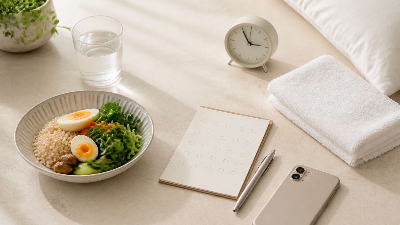 食事・睡眠・清潔なタオル・習慣記録を組み合わせたニキビ予防の生活習慣イメージ
