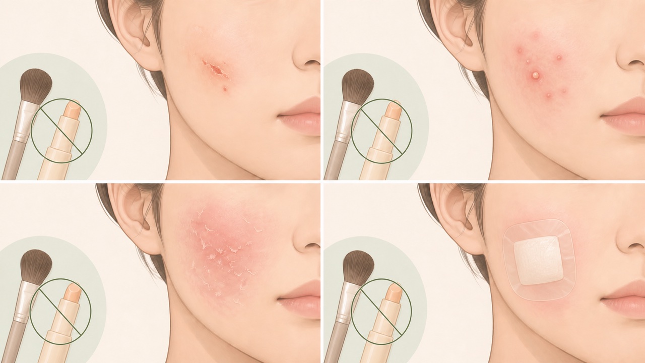 出血やびらん、炎症性ニキビ、強い皮むけ、処置直後には患部へメイクをしないことを示す教育用イラスト
