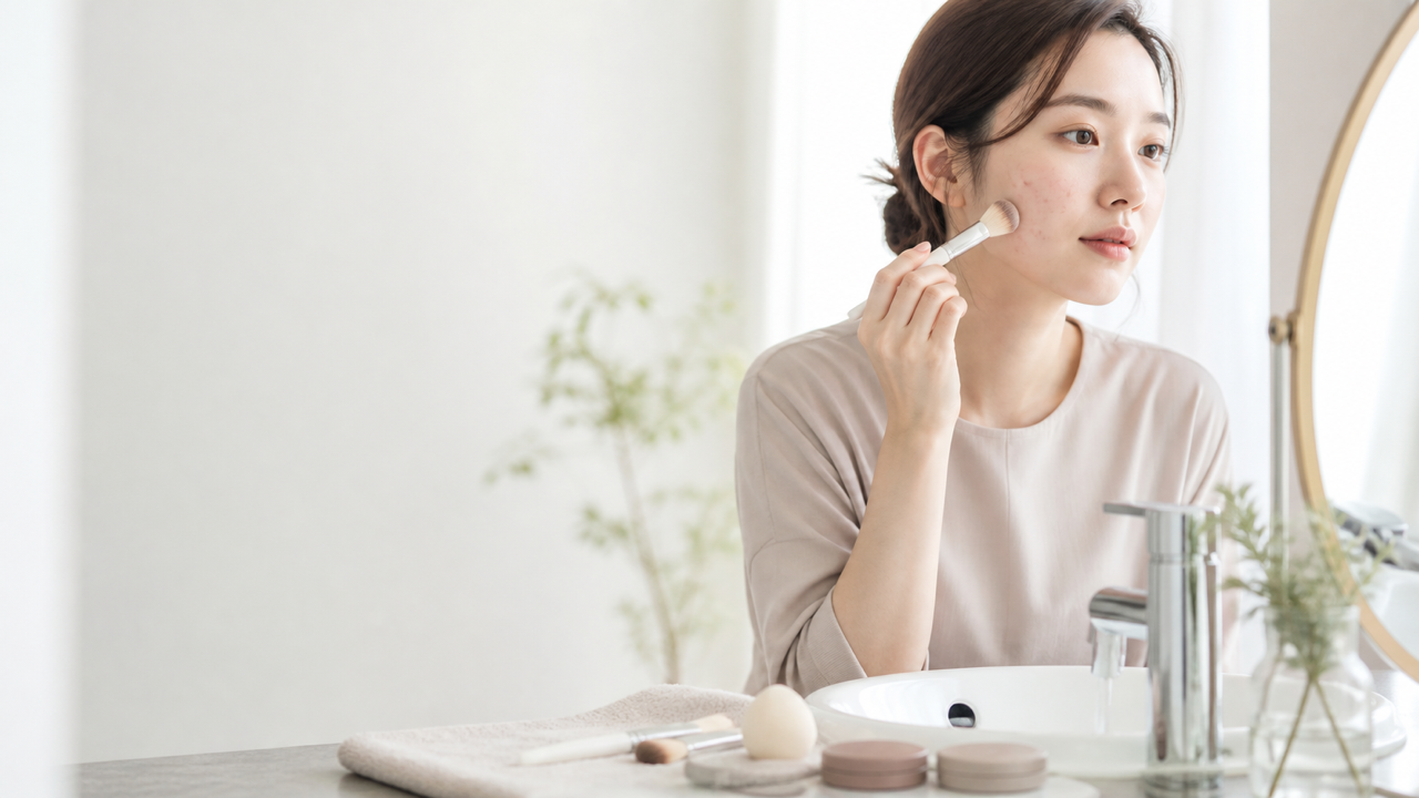 軽いニキビがある肌へ清潔なブラシで薄くメイクする女性のイメージ