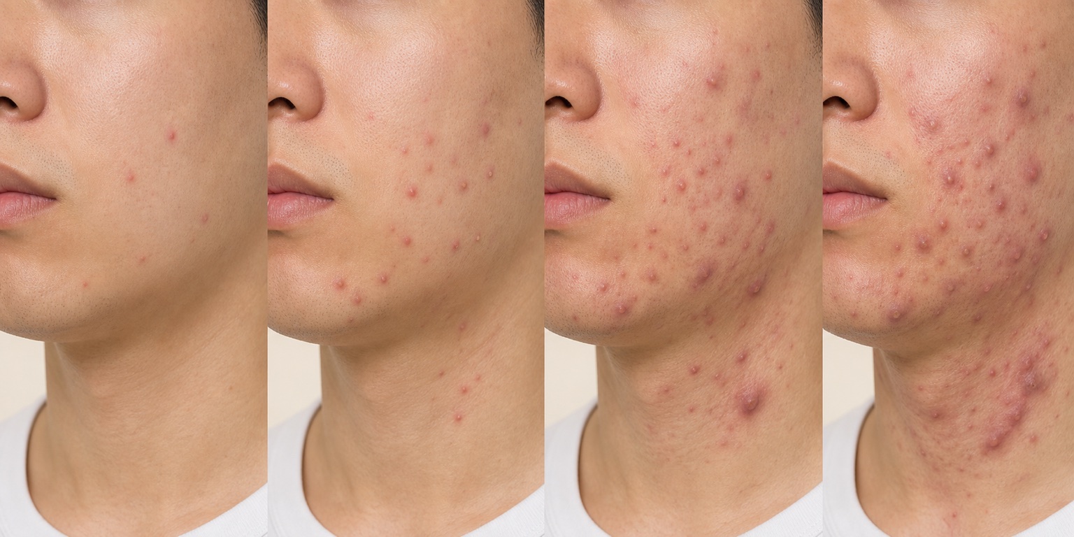 軽症、中等症、重症、最重症へ炎症性ニキビが増える様子を4段階で比較した医療解説用イメージ