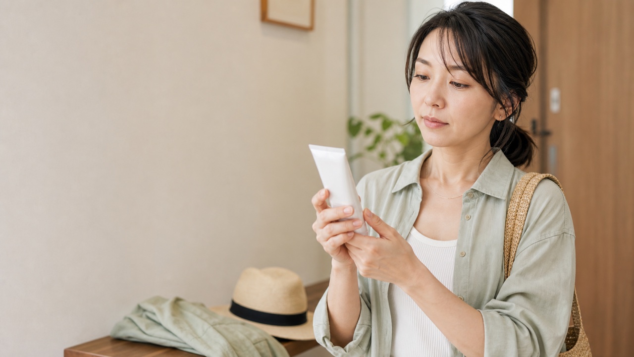 外出前に無地の日焼け止め容器の表示を確認する女性のイメージ