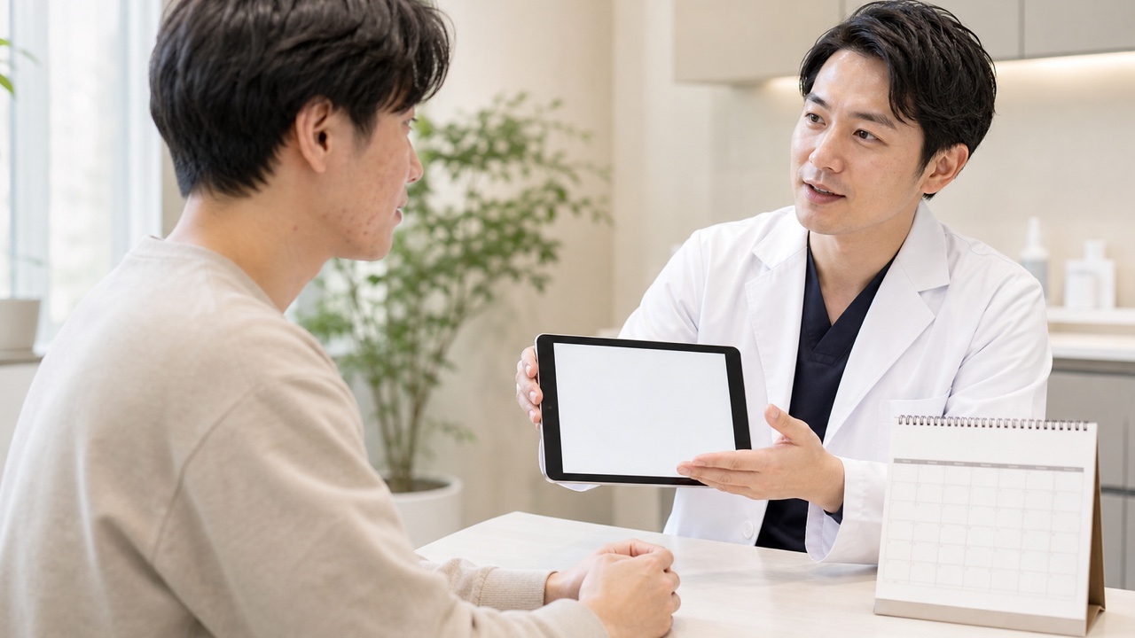 ニキビ治療の期間と通院計画を皮膚科医へ相談する成人患者の医療解説用イメージ