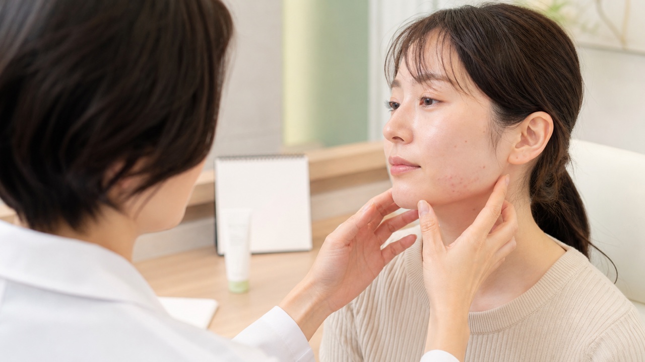 ニキビ治療の経過と新しい皮疹を確認する皮膚科診察のイメージ