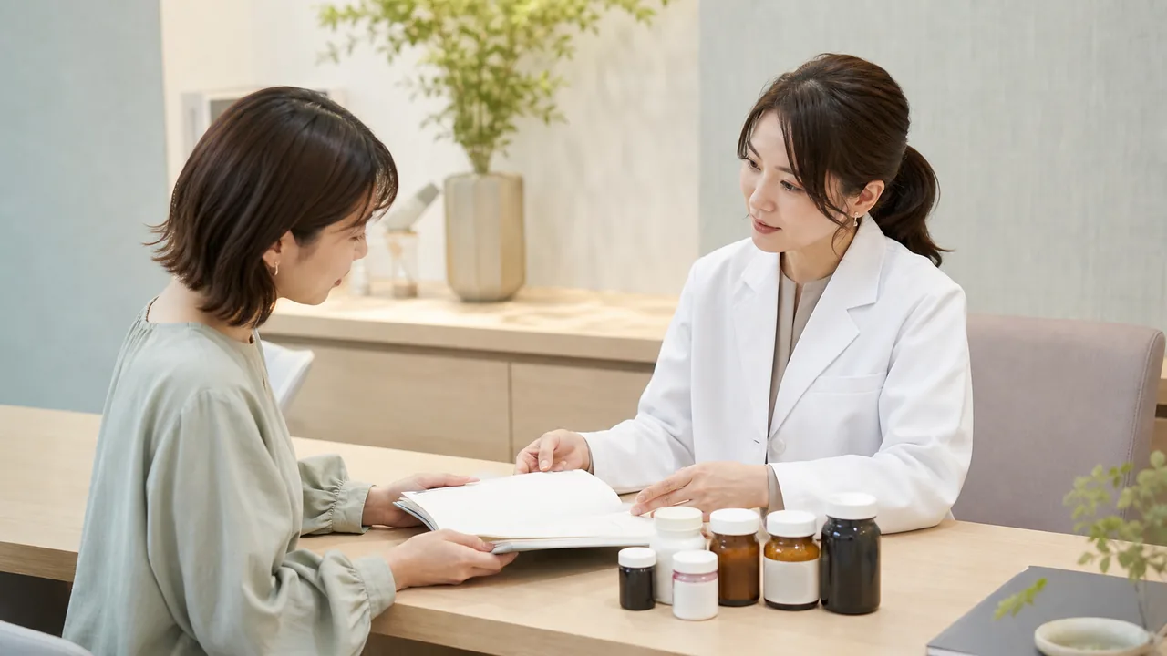 ビタミン剤の副作用と併用薬を確認する診察 副作用や併用薬を皮膚科で相談する患者と医師