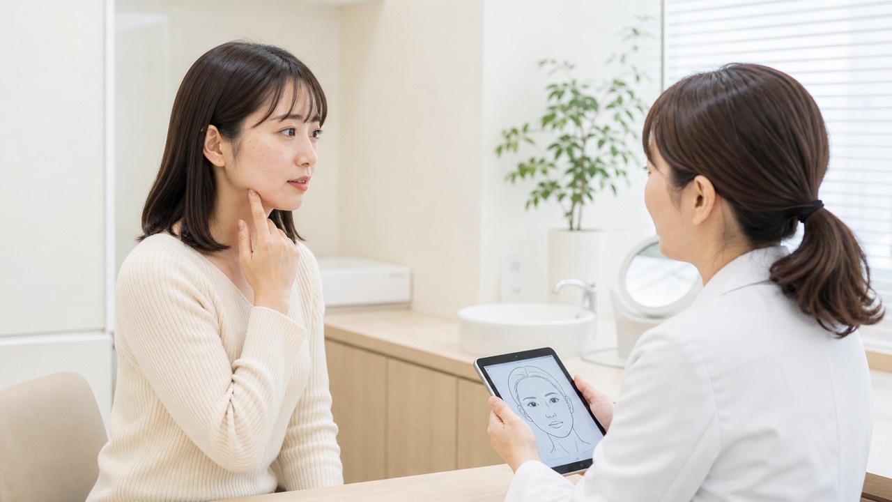 20代の大人ニキビについて女性皮膚科医へ相談する患者