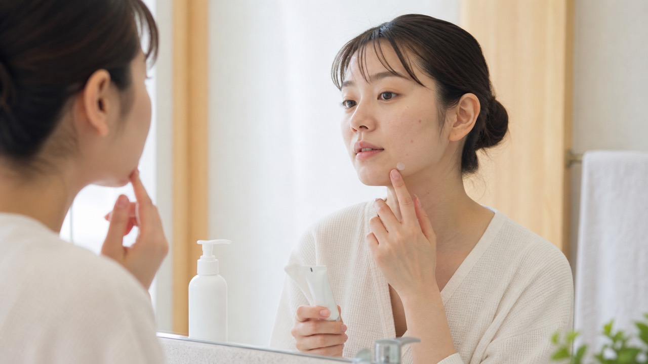20代女性が洗顔後に顎へ外用薬を薄く塗るセルフケア