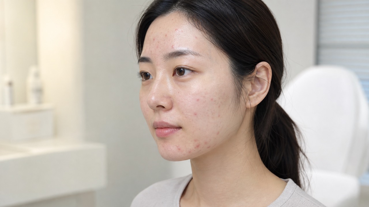 20代女性の額Tゾーンと顎Uゾーンにみられる軽いニキビ症状