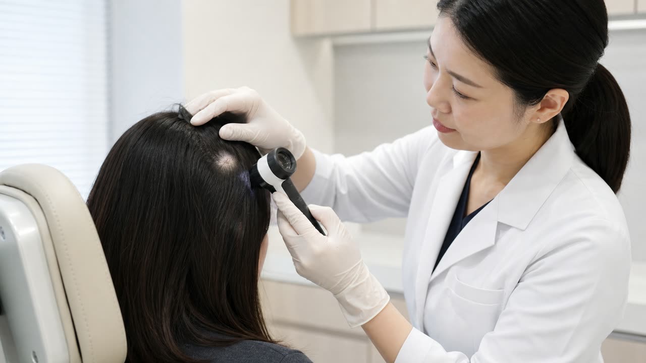 ダーモスコピーで脱毛斑を確認する皮膚科診察 皮膚科医がダーモスコピーで成人女性の円形脱毛斑を観察する診察場面