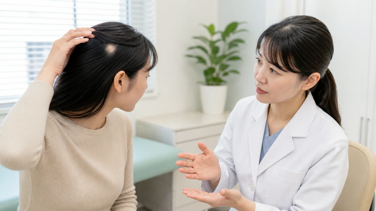 円形脱毛症の経過を皮膚科で相談する場面 円形脱毛症の小さな脱毛斑について皮膚科医へ相談する成人女性