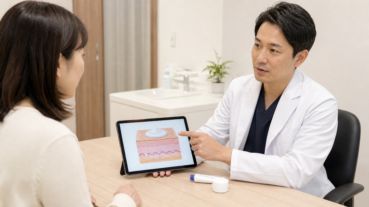 皮膚科医にステロイド外用薬の強さと塗り方を相談するイメージ