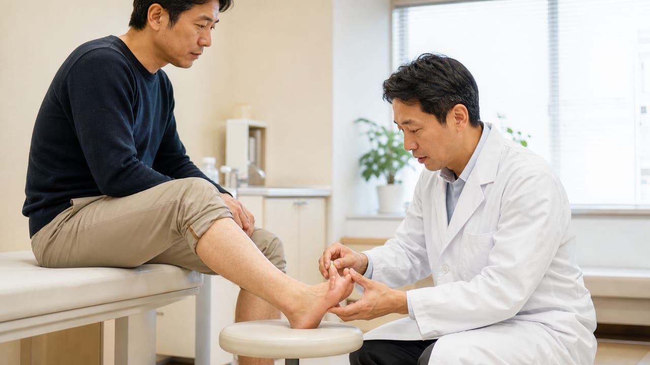 皮膚科医が成人患者の足指を確認する水虫の診察
