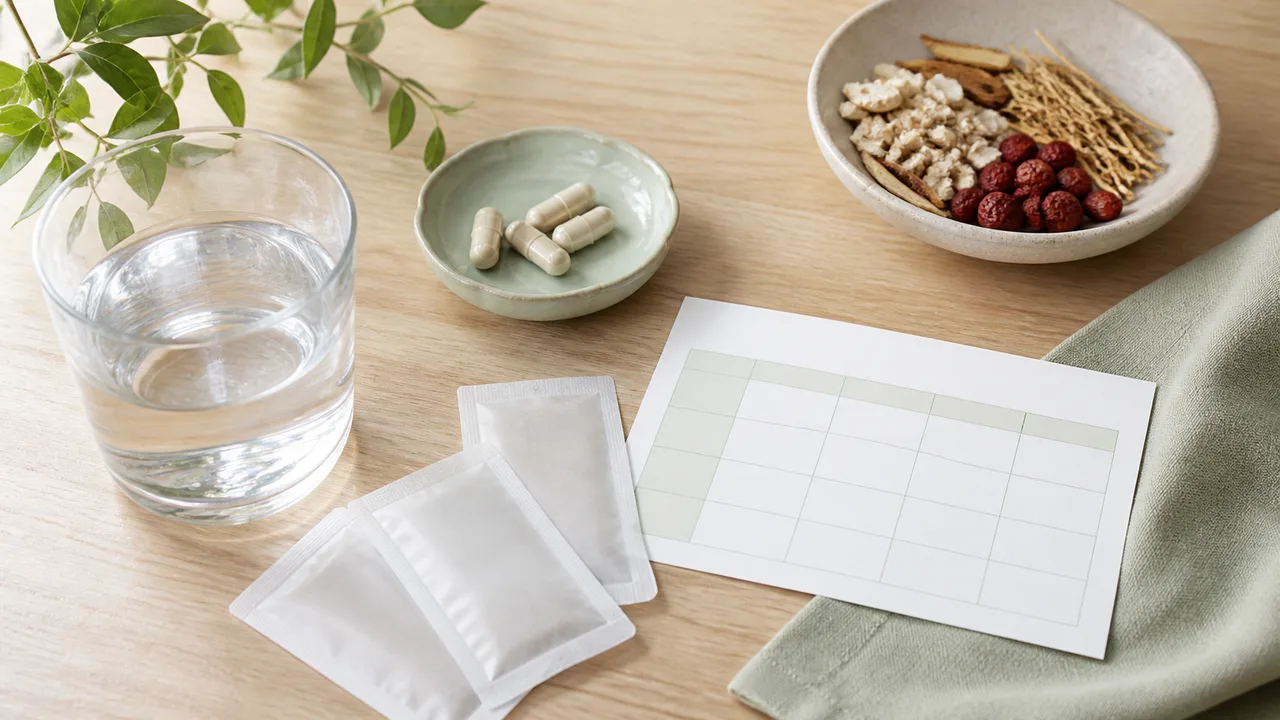 漢方薬の服用タイミングを確認するイメージ 漢方薬の服用タイミングを確認するための卓上イメージ