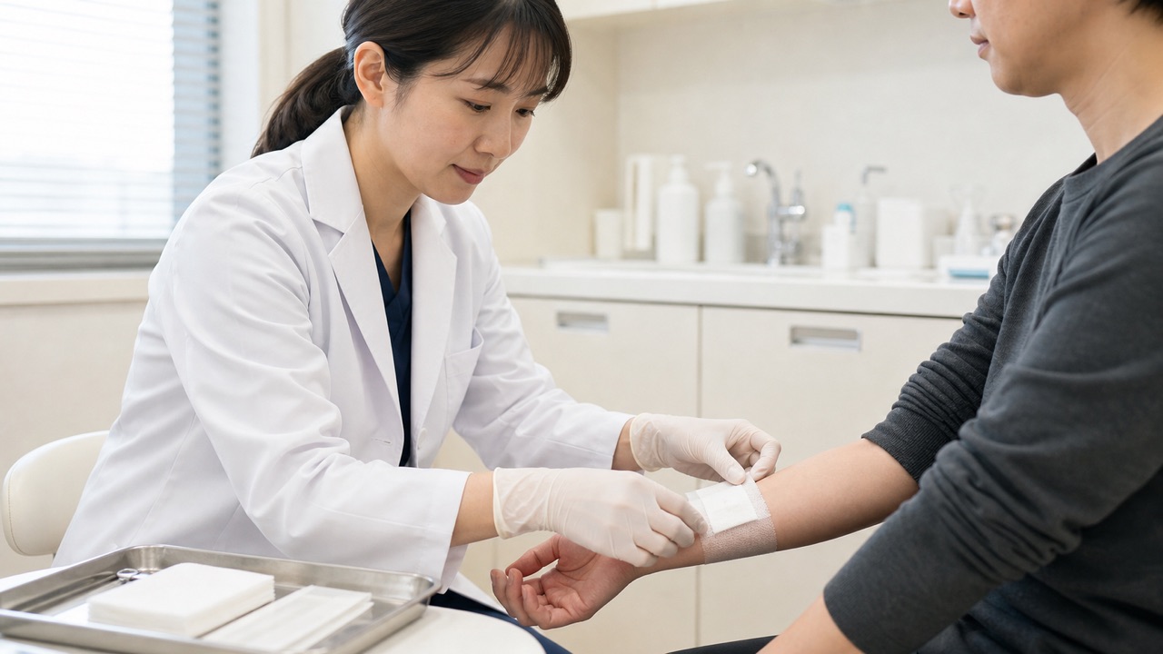 やけどを外用薬と被覆材で保護する処置 皮膚科医が成人患者の前腕のやけどへ被覆材を当てる処置