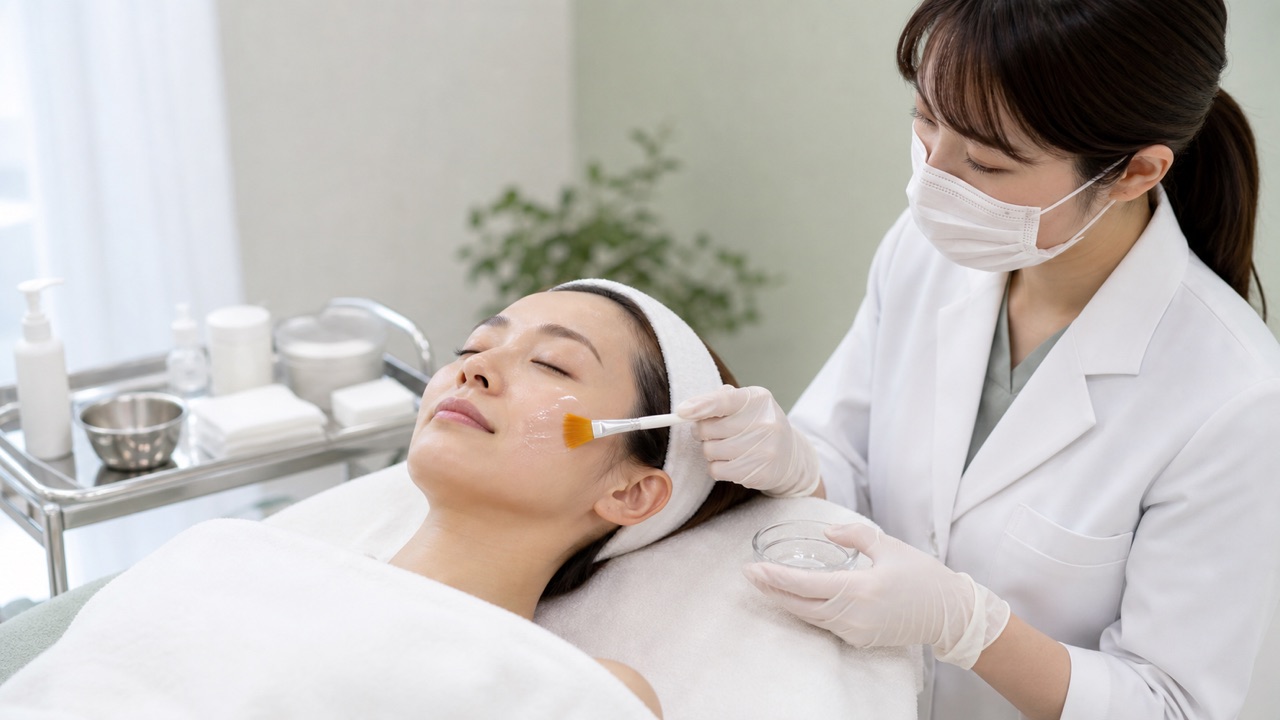 ケミカルピーリングの施術工程 美容皮膚科でケミカルピーリングの薬剤を頬に塗布する施術のイメージ