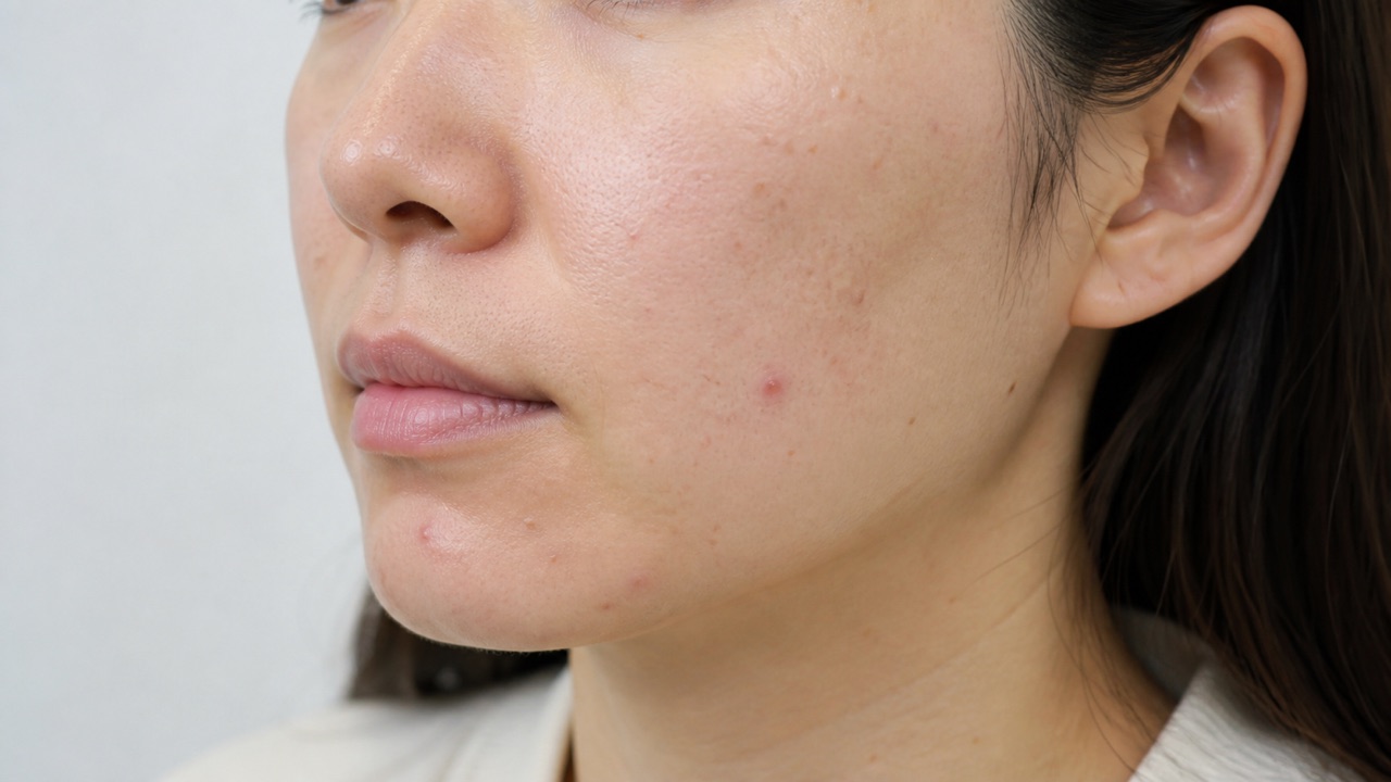 ケミカルピーリングの適応を判断する肌症状の一例 面皰と小さな炎症性ニキビがみられる頬と顎のイメージ