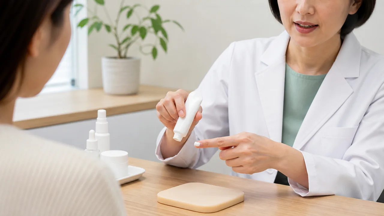コレクチム軟膏の塗布量と塗り方を医師が説明するイメージ
