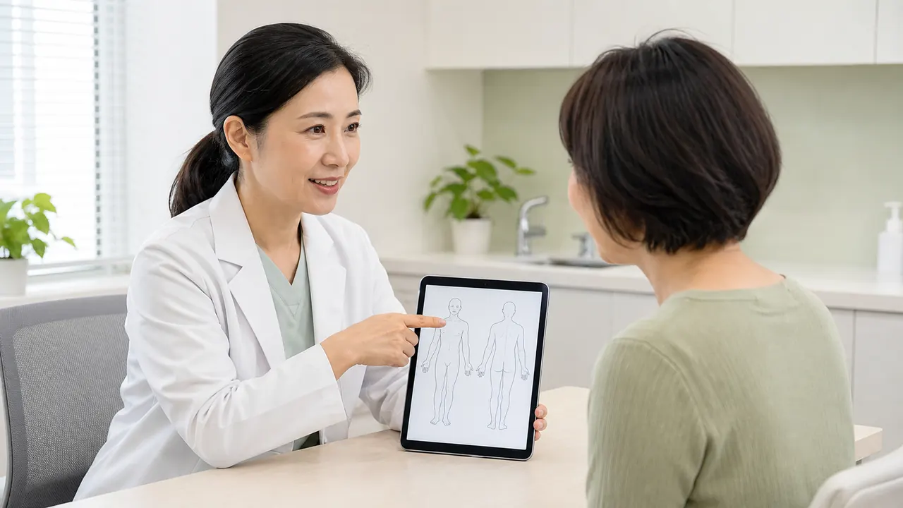 皮膚科医が外用ステロイドを使用する部位の注意点を説明するイメージ