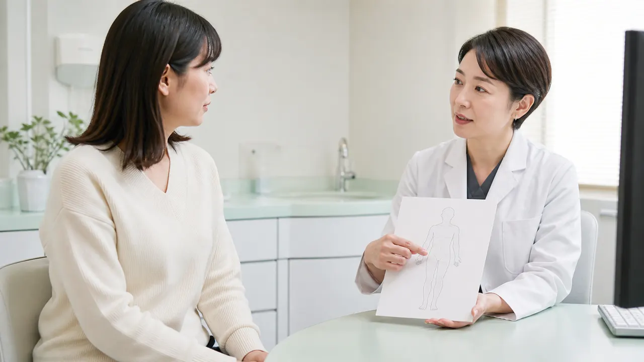 皮膚科医がダイアコート軟膏の使用部位と注意点を患者に説明するイメージ