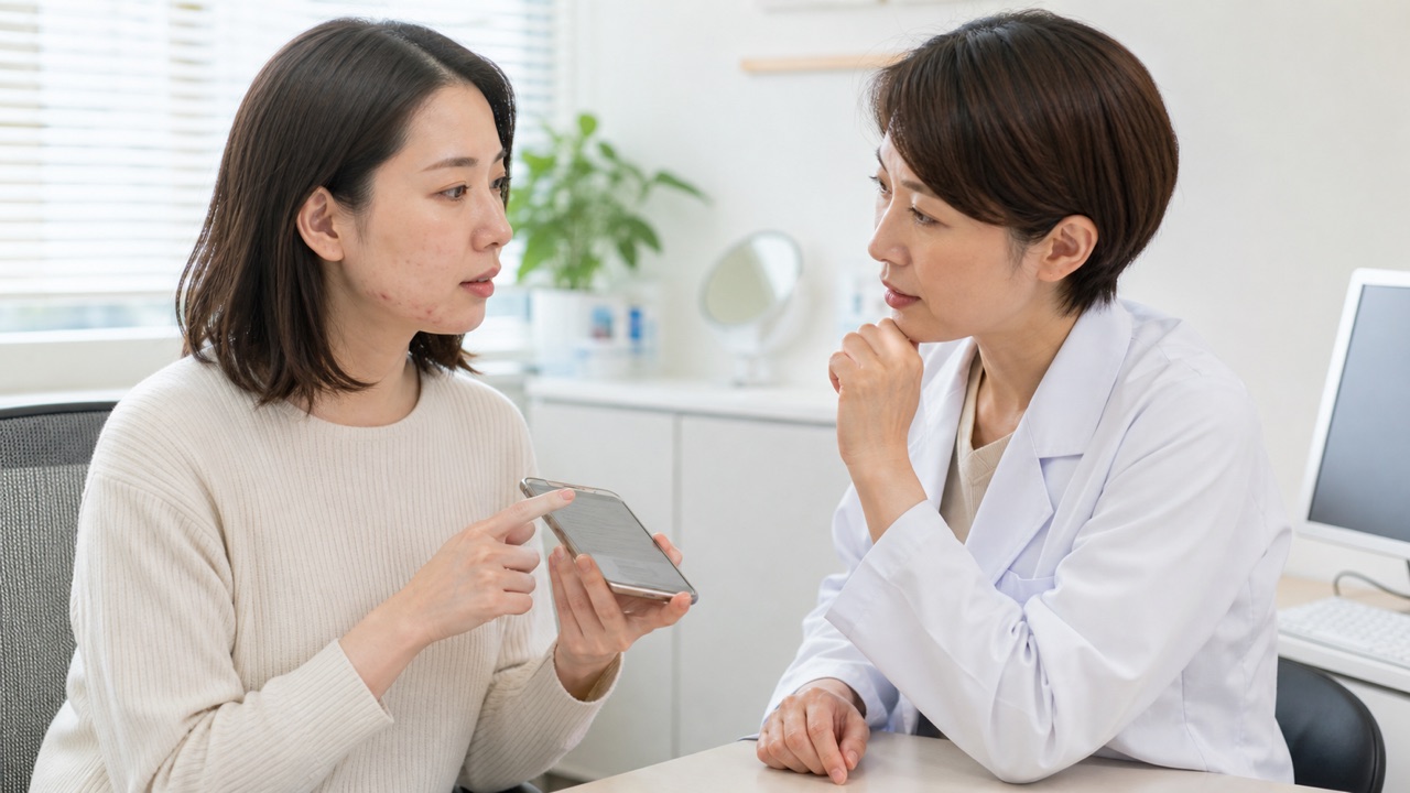 食事記録を見ながらニキビについて皮膚科医へ相談する成人女性