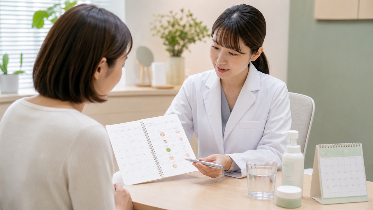 食事と肌の記録を皮膚科医と確認しながらスキンケアを続ける成人