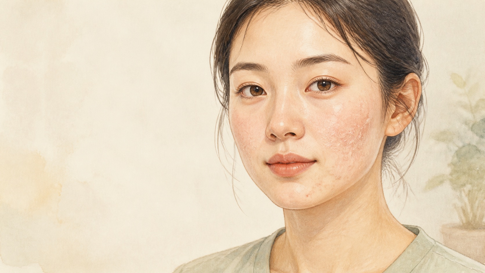 頬の乾燥感と白ニキビ・赤ニキビの併存を示す医学教育用イラスト