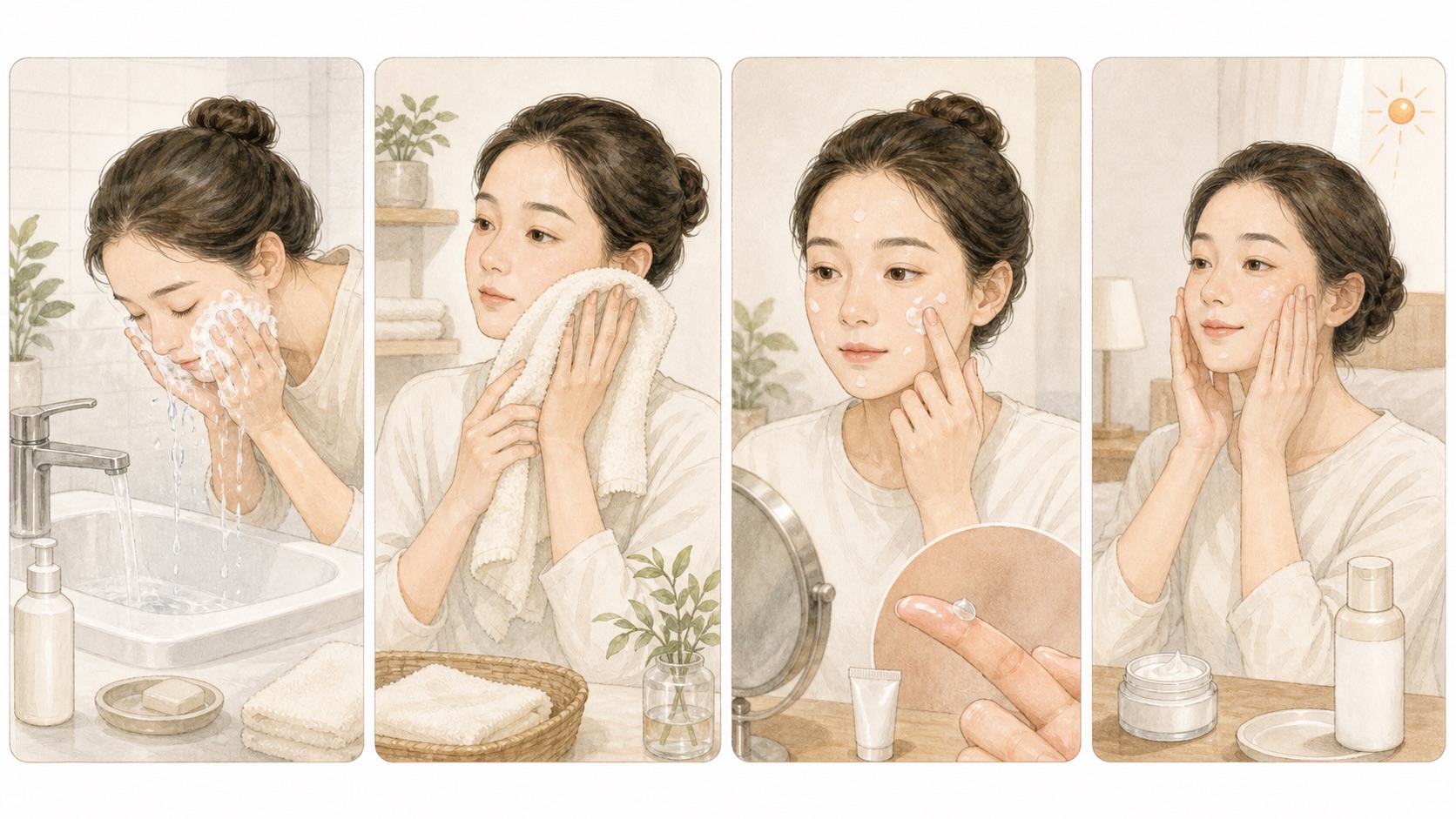 やさしい洗顔・タオルで押さえる乾燥・処方薬の薄塗り・保湿と紫外線対策を示す教育用イラスト