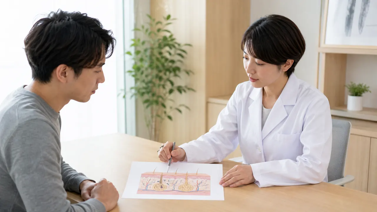 汗腺の仕組みを皮膚科医と確認するイメージ