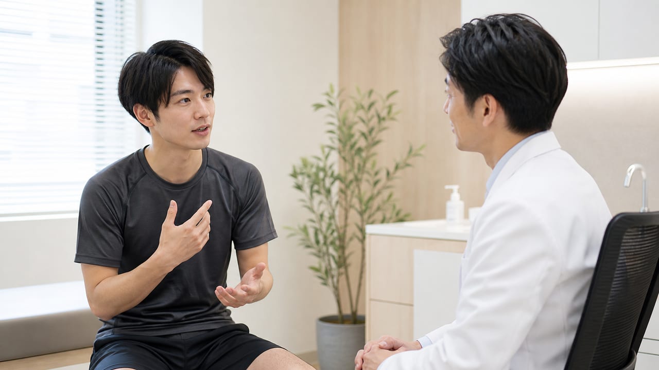 運動とニキビを皮膚科で相談する場面 運動習慣とニキビについて皮膚科医へ相談する成人男性