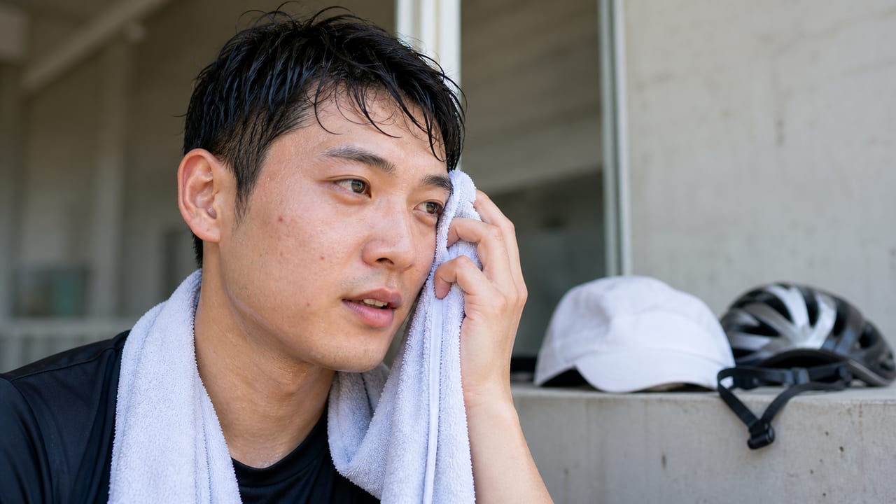 運動後の汗と摩擦への対策 運動後に清潔なタオルで汗をやさしく押さえる成人男性