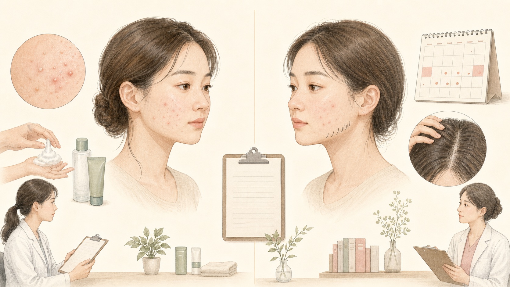 ニキビ単独の場合と月経不順や多毛などを伴う場合の評価を分けた教育用イラスト
