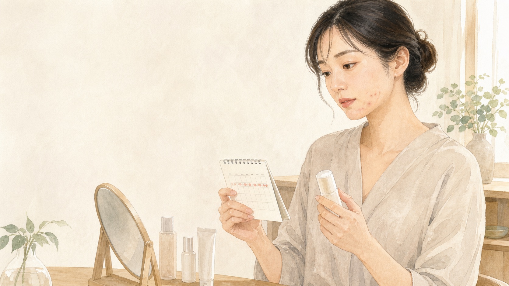 成人女性が月経周期とニキビの変化を記録する医学教育用イラスト