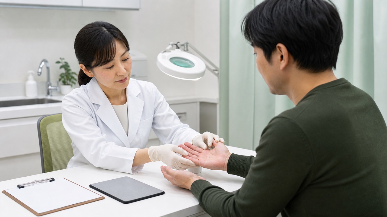 多汗症の発汗部位と重症度を確認する診察 皮膚科医が成人患者の手掌の発汗を診察する場面
