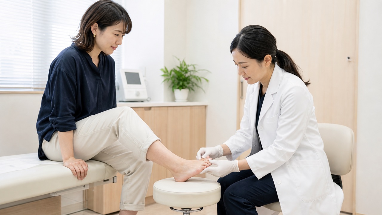 巻き爪・陥入爪について皮膚科医の診察を受ける成人女性