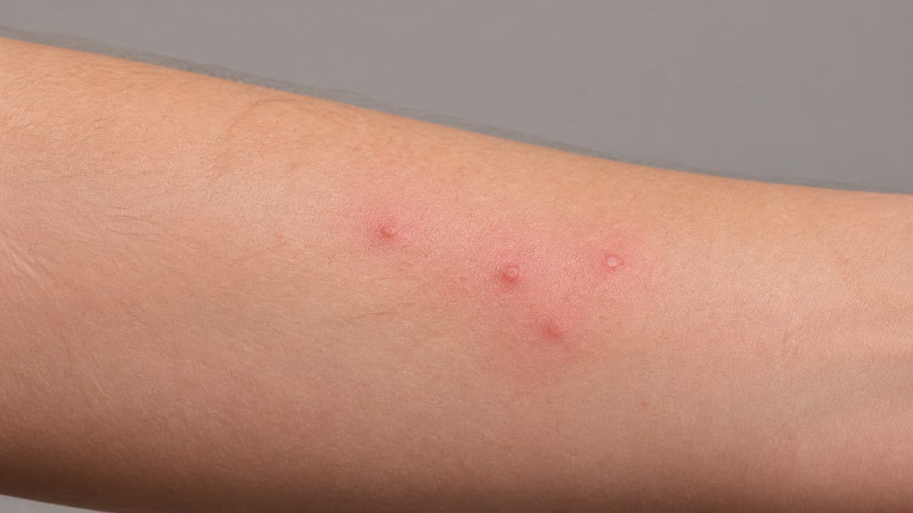 虫刺され後にみられる軽い赤みと小さな発疹の一例